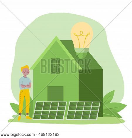 House With Solar Panels. Illustration In Flat Style. Modern Eco Private House With Solar Energy Pane
