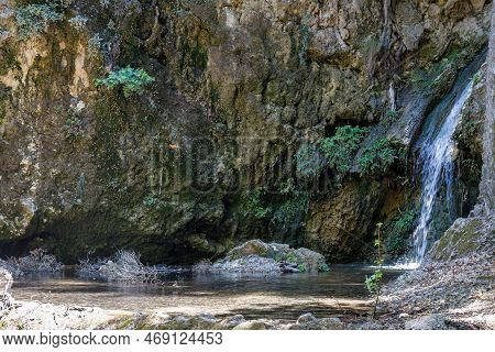Waterfall In The Valley Of Butterflies. The Petaloudes Valley Nature Reserve In Rhodes, Greece, Euro