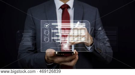Signing Electronic Documents On Digital Documents Online, Businessman With Contract Electronic Signa