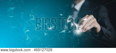 Digital Transformation And Metaverse Universe Concept, Businessman Hand Touching Of Digital Data Net