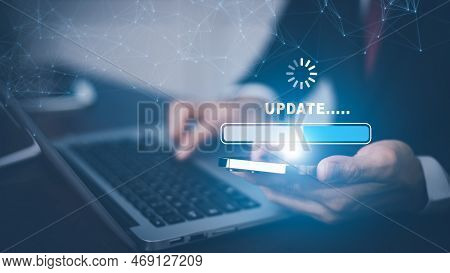 Hand Touch Bar Of Update Software Computer Program Upgrade Business Technology Internet, Update On V