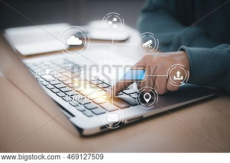 Man Using Laptop With Update Software Computer Program Upgrade Business Technology Internet, Update 