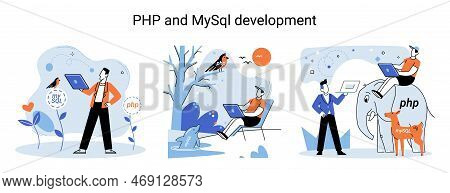 Php And Mysql Development Metaphor. Software Website Developer With Computer, Programmer Service, Op