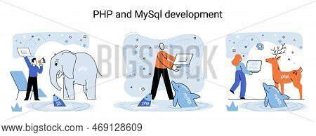 Php And Mysql Development Metaphor. Software Website Developer With Computer, Programmer Service, Op