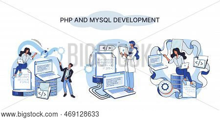 Php And Mysql Development Metaphor. Software Website Developer With Computer, Programmer Service, Op