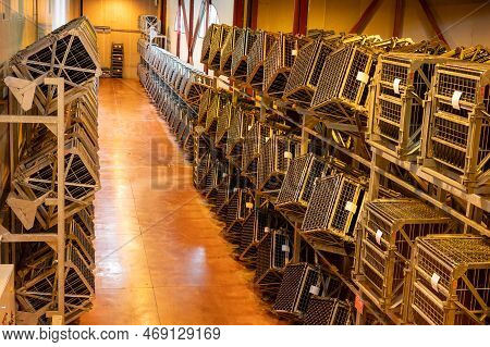 Production Of Cremant Sparkling Wine In Burgundy, France. Automatically Powered Riddling Remuage Box