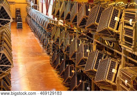 Production Of Cremant Sparkling Wine In Burgundy, France. Automatically Powered Riddling Remuage Box