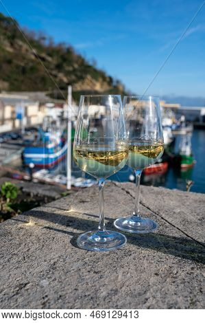 Tasting Of Txakoli Or Chacolí Slightly Sparkling Very Dry White Wine Produced In Spanish Basque Coun