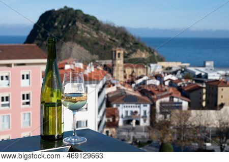 Tasting Of Txakoli Or Chacolí Slightly Sparkling Very Dry White Wine Produced In Spanish Basque Coun