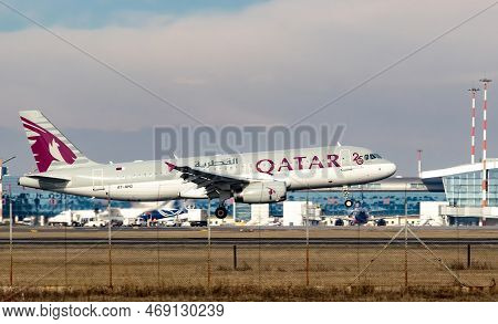 Bucharest, Romania - January 17, 2023:  Qatar Airways, A7-ahg, Airbus A320-232, Aircraft Lands At He