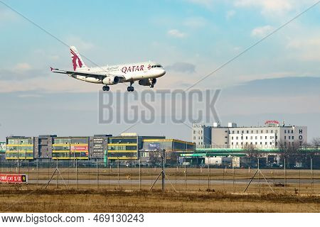 Bucharest, Romania - January 17, 2023:  Qatar Airways, A7-ahg, Airbus A320-232, Aircraft Lands At He
