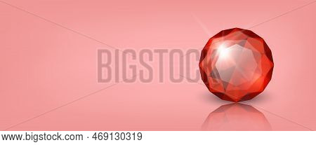 Vector Horizontal Banner With 3d Realistic Red Transparent Round Glowing Gemstone, Diamond, Crystal,