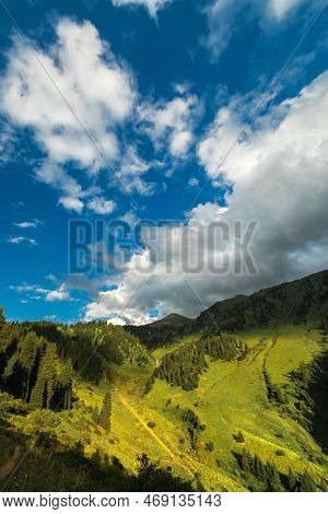 Summer Kimasar Gorge With A View Of Mount Furmanov. Popular Weekend Hiking Route In Almaty Mountains
