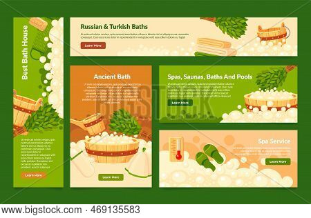 Bath House Russian Turkish Spa Sauna And Pool Service Landing Page Set Vector Illustration