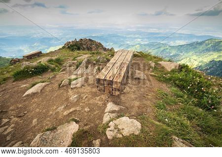 A Place With A Bench For A Halt On Mount Furmanov In The Almaty Mountains