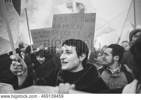 Strasbourg, France - Jan 19, 2023: Young Woman Yelling In Front Of Large Crowd At Protest Against Th