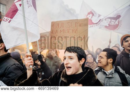 Strasbourg, France - Jan 19, 2023: Young Woman Yelling In Front Of Large Crowd At Protest Against Th