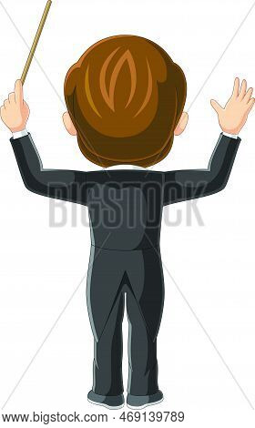 Vector Illustration Of Back View Of Boy Orchestra Conductor With Pointer Stick