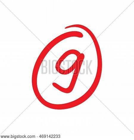 Nine Points Test Score, 9 Points Grade Results Illustration, Red Color On White Background - Vector