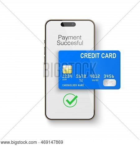Vector 3d Realistic Smartphone And Credit Card, Wi-fi Successful Payment. Concept Of Payment For Pur