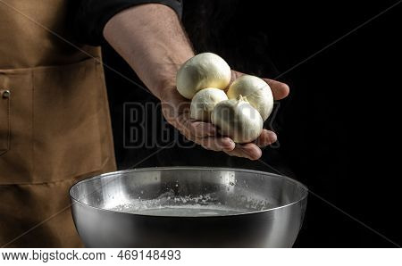 The Processing Traditional Italian Mozzarella, Cheesemaker, Showing Freshly Made Mozzarella, Long Ba