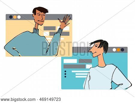 Two Young Man In Front Of A Computer Screen. Flat Style, Isolated Vector Element