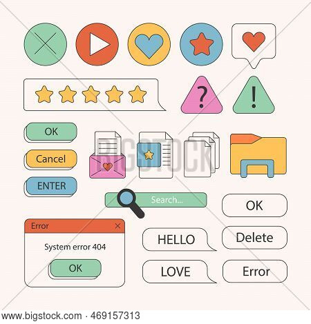 Set Of Retro Stickers. 90s Retro Vaporwave Old Desktop User Interface Elements. Cute Nostalgic Compu