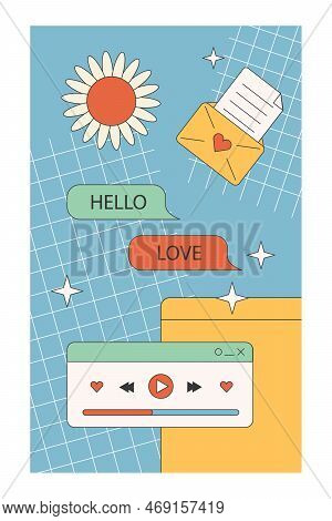Cute Nostalgic 90s Retro Vaporwave Post And Story Template. Social Media Stories And Posts With Old 