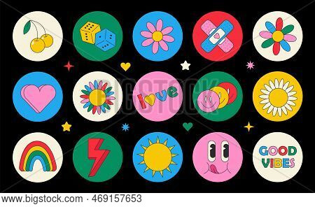 Groovy Hippie 70s Set. Funny Cartoon Flower, Rainbow, Peace, Love, Heart, Daisy, Mushroom Etc. Stick