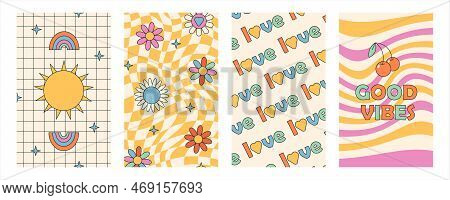 Groovy Hippie 70s Stickers. Funny Cartoon Flower, Rainbow, Peace, Love, Heart, Daisy, Mushroom Etc. 