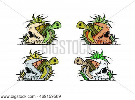 Illustration Design Of The Sea Turtle In The Skull Shape With Several Grass