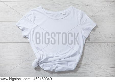 T-shirt Design Fashion Concept, Closeup Of Woman, Man And Boy In Blank White T-shirt, Shirt Front Is