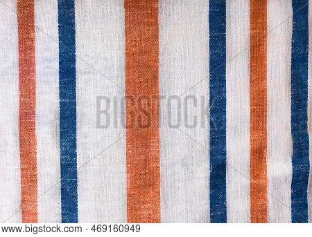 Multicolored Linen Towel. Ukrainian Towel Is Decorated With Colorful Stripes. Background Of Homespun