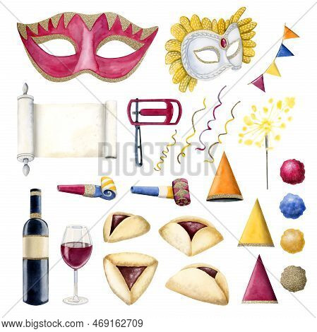 Watercolor Set Of Purim Symbols Elements For Jewish Holiday Party Designs: Masks, Rattler, Hamantasc