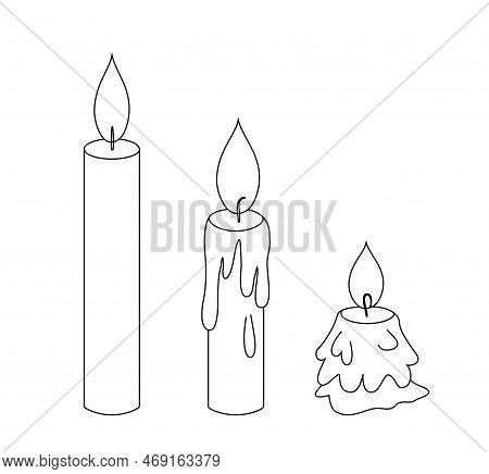 Outline Icons Of Wax Candles With Flame. Line Doodle Sketch Of Paraffin Candles With Fire And Wax Dr
