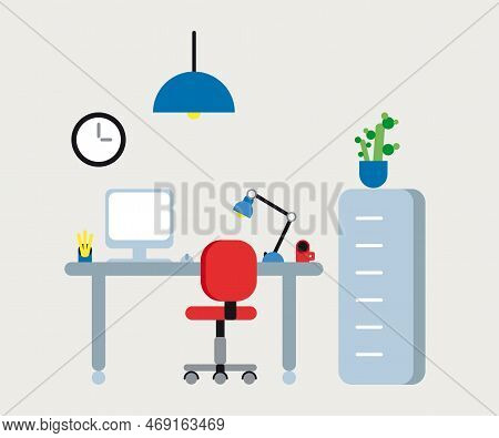 Flat Illustration Of The Workplace With Table, Red Chair, Clock, Table Lamp And Computer, Made With 
