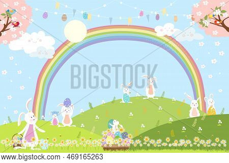 Easter Background,spring Field With Rainbow,bunny Hunting Easter Eggs,vector Cute Cartoon Rabbits Pl