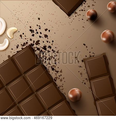 Vector Broken Dark Bitter Chocolate Bar With Cashew And Macadamia Nuts Top View On Beige Surface
