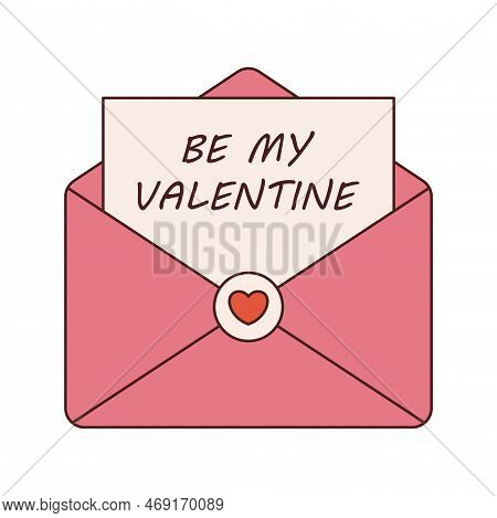 Vector love letter with be my valentine text in retro style. Y2k pink envelope with letter. Happy Valentines day. Love and romantic. Vintage envelope with heart in flat design 70s.