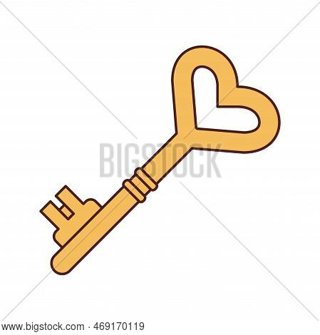 Vector heart shaped key in retro style. Gold key y2k. Happy Valentines day 70s.