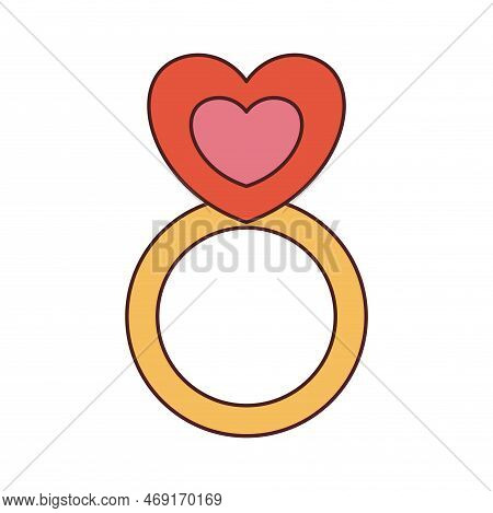 Vector ring with heart in retro style. Groovy jewelry 70s 90s. Y2k illustration with heart shaped ring in flat design.
