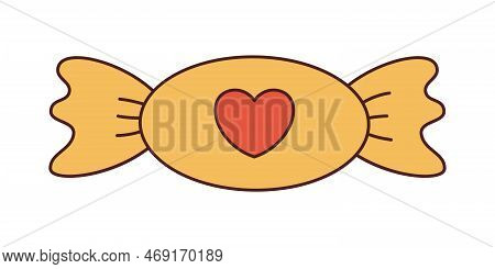 Vector retro candy in a wrapper with a heart. Love and romantic. Happy Valentines day. Sweet food y2k. Yellow bonbon in flat design.