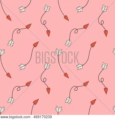 Vector seamless pattern with curved arrows in retro style. Pink background with swirl arrows with heart shaped arrowheads. Happy Valentines day. Love and romance.