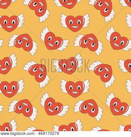 Vector retro seamless pattern with funny flying hearts. Heart shaped characters with wings on yellow background y2k. Valentines day. Groovy pattern in flat design. Love and romance.