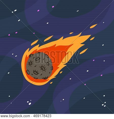 Flying Asteroid, Burning Comet On Background Of Night Sky. Astronomical Object With Tail Vector Desi