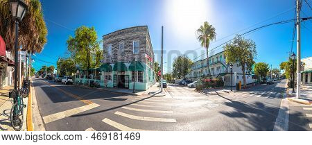 Key West Famous Duval Street Panoramic View, South Florida Keys, United States Of America