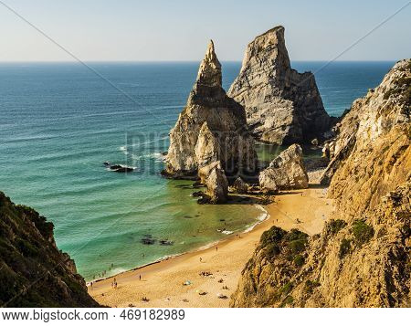 Stunning View Of Praia Da Ursa (bear Beach) And Its Huge Rocky Formations Ursa And Gigante Stones, C