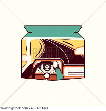 Camping Adventure Badge Design With Man Driving A Car. Travel Logo Graphics. Stock Vector Retro Labe