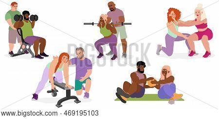 Sport People Individual Personal Trainer Coach In Gym. Men Women Training Exercising Fitness Center 
