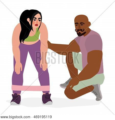 Sport People Individual Personal Trainer Coach In Gym. Men Women Training Exercising Fitness Center 
